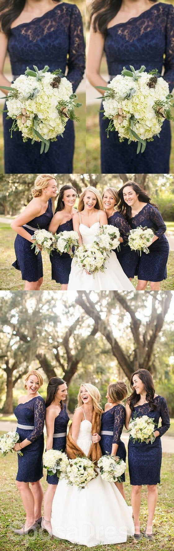 Elegant One Shoulder Long Sleeve Lace Navy Blue Bridesmaid Dress WG128 - Perfect for Weddings, Formal Events & Evening Parties