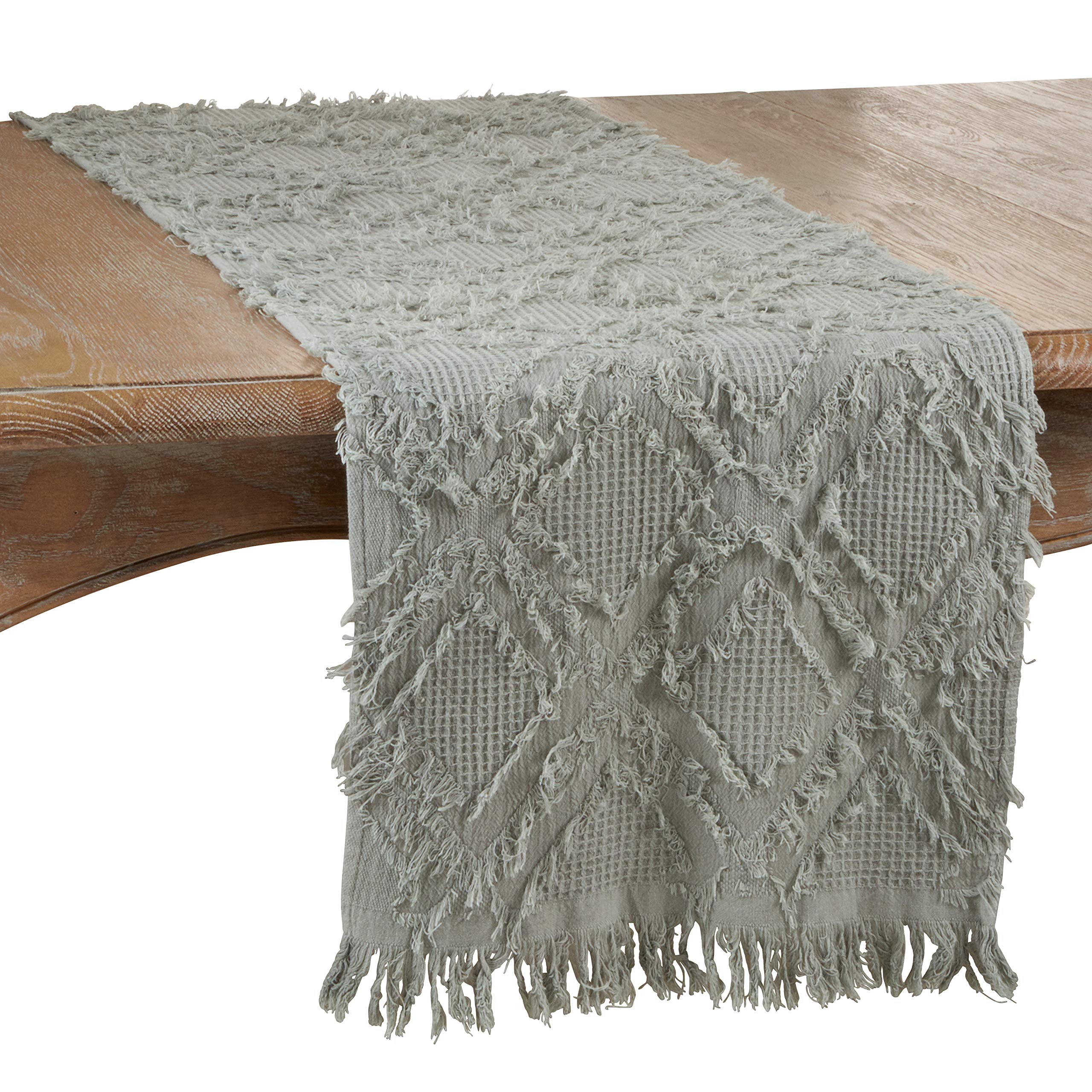 SARO LIFESTYLE Ivoryline Collection Fringe Waffle Weave Table Runner - 16