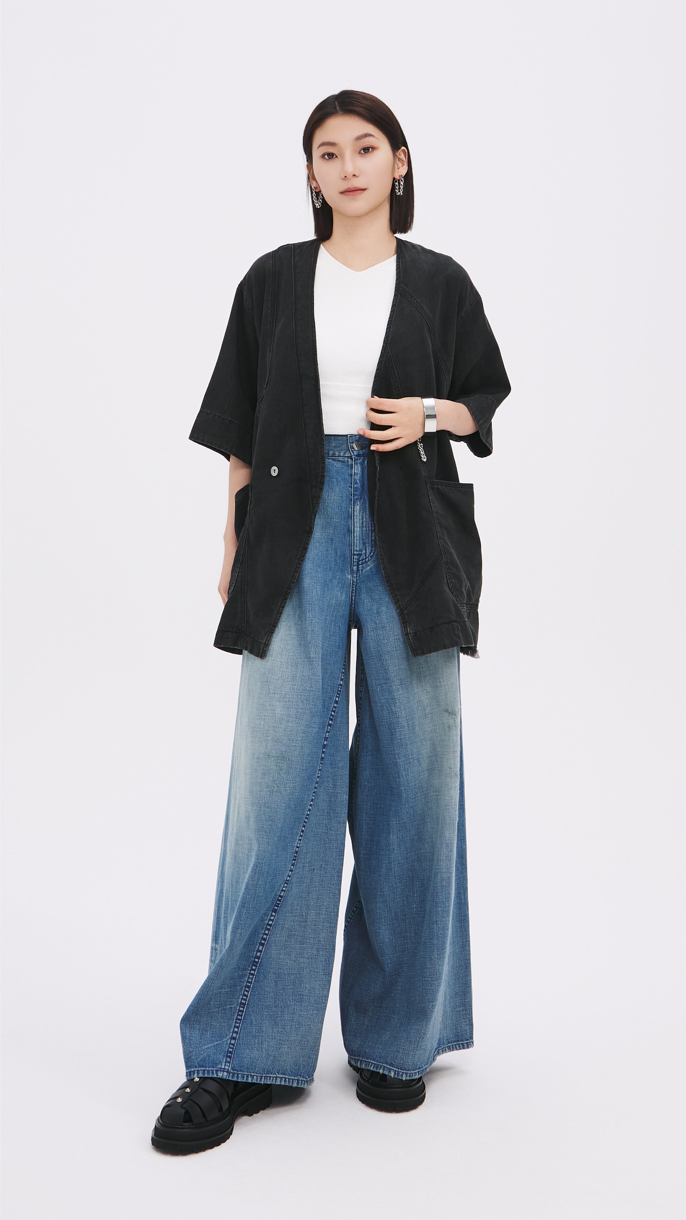 Vintage Reconstructed Denim Kimono Jacket for Women - Boho Chic Outerwear for Casual Wear, Music Festivals & Layering