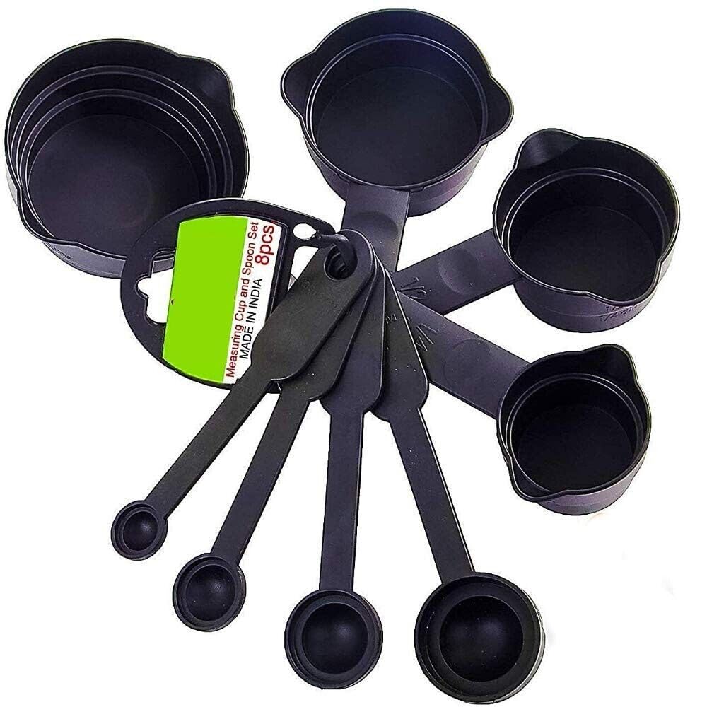 8-Piece Food Grade Measuring Cups and Spoons Set for Kitchen & Baking - Durable BPA-Free Plastic Measuring Tools (Black) - Perfect for Cooking, Baking, Meal Prep & Home Organization