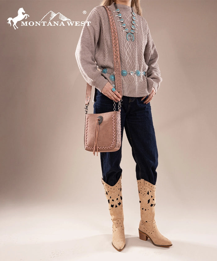 Montana West Genuine Leather Tooled Whipstitch Crossbody Purse for Women - Stylish Handbag for Everyday Use, Travel & Shopping