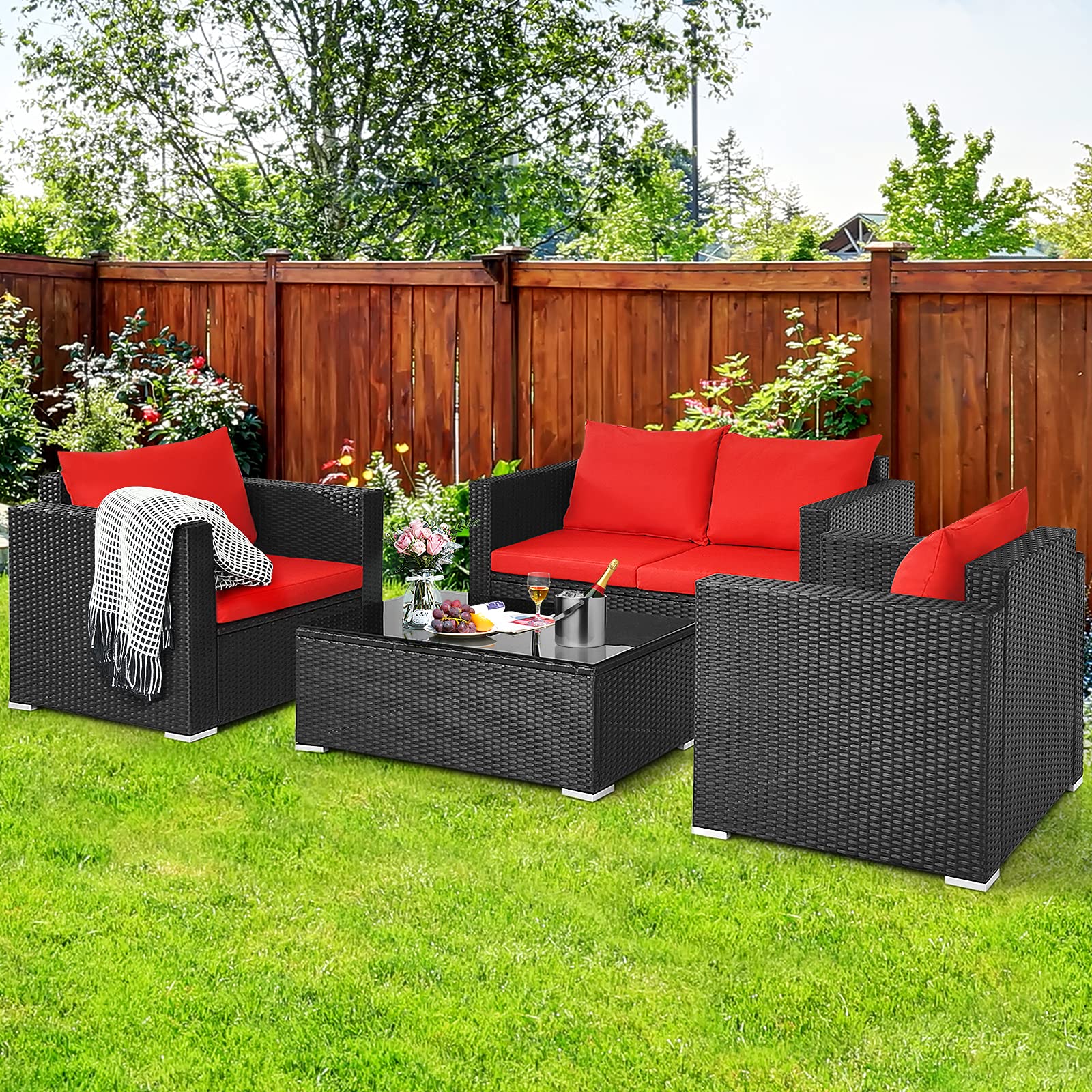 HappyGrill 4-Piece Outdoor Patio Conversation Set - Rattan Wicker Sofa with Tempered Glass Table & Removable Cushions - Garden, Backyard, Poolside Furniture for Relaxing and Entertaining