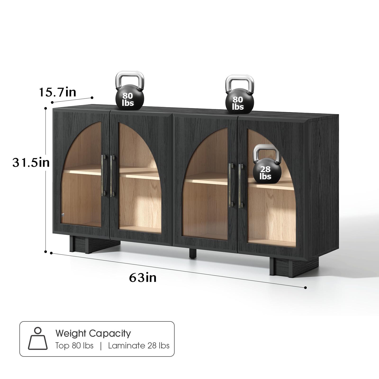 Modern Accent Cabinet with Glass Doors & Adjustable Shelves - Sideboard Buffet Storage Cabinet for Living Room, Entryway, Dining Room - Black Arched Credenza for Home Decor & Organization