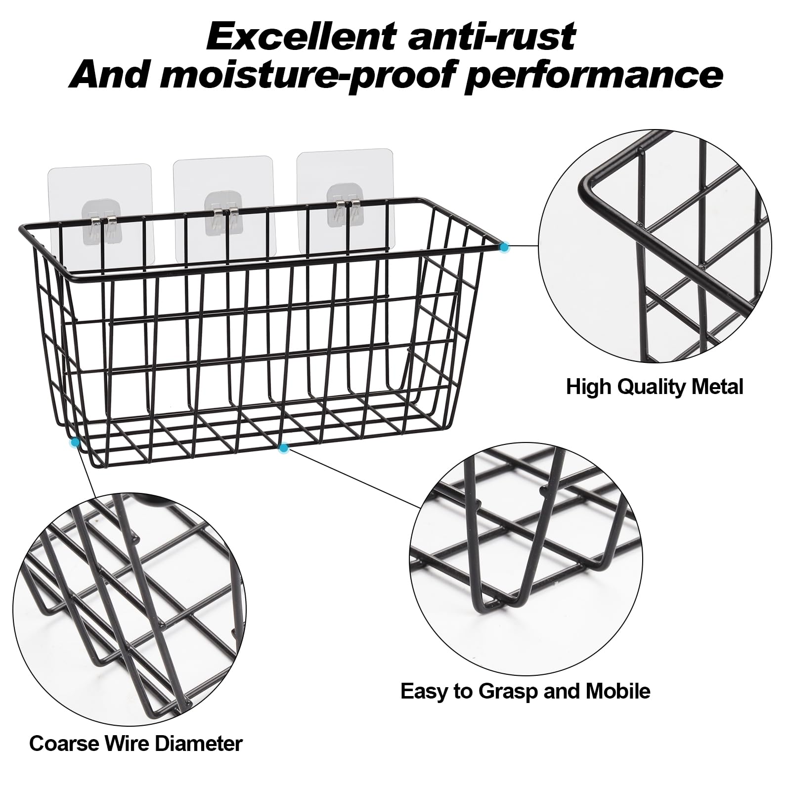 4-Pack Adhesive Wall Mounted Hanging Kitchen Baskets - No Drill Small Wire Storage Baskets for Pantry, Bathroom & Shelf Organization - Perfect for Spices, Utensils & Toiletries Storage