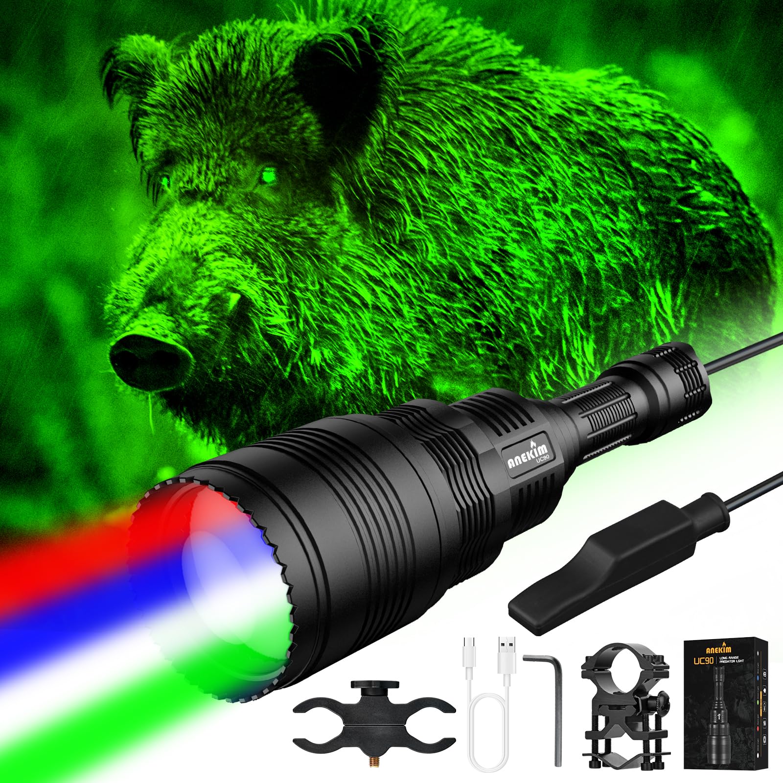 UC90 4-in-1 Multi-Color (Red/White/Green/Blue) Adjustable Spotlight Hunting Flashlight Kit - Perfect for Predator Hunting, Camping & Outdoor Adventures