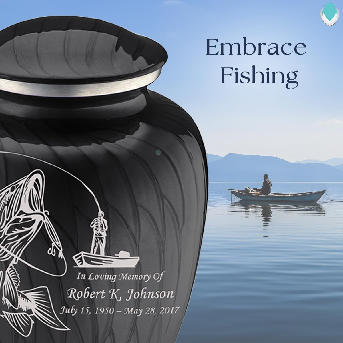 Personalized Fishing Cremation Urn for Ashes - Large Pearl Black Funeral Urn for Men & Women with Double Side Engraving - Holds 200 lbs - Perfect for Memorial Services & Home Display