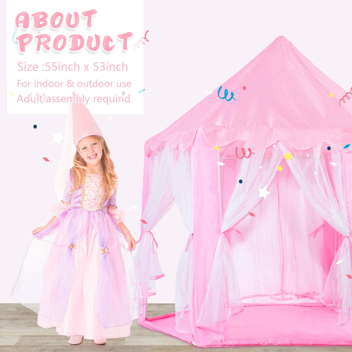 Princess Castle Play Tent for Kids - Fairy Tale Hexagon Playhouse with Star Lights, Indoor & Outdoor Toy for Girls, Birthday Gift | Perfect for Bedroom Decor, Backyard Fun & Imaginative Play
