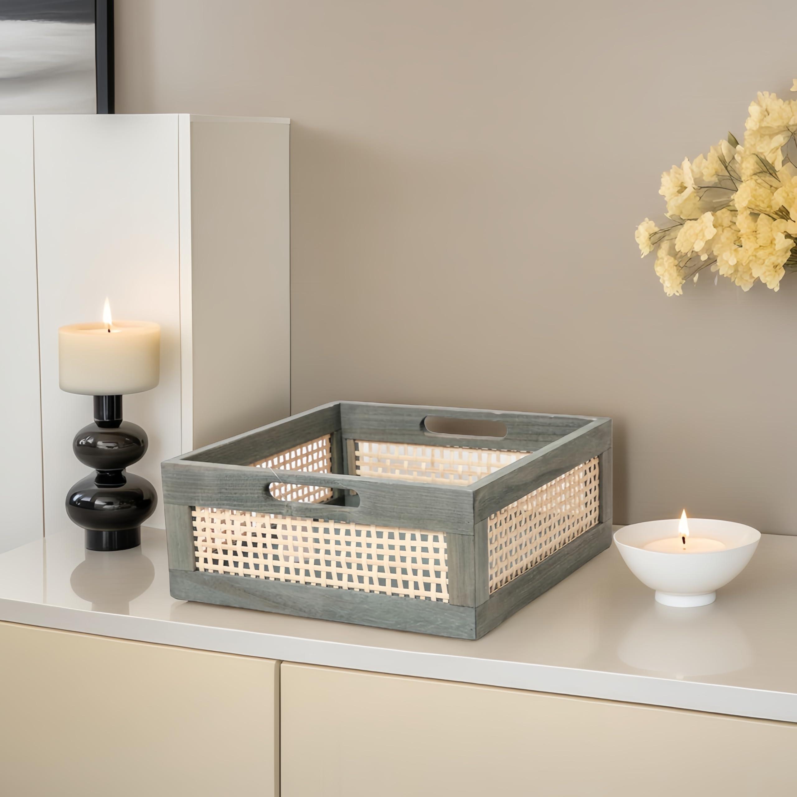 Grey Wooden Storage Baskets with Handles - Square Bamboo Organizer Bins for Shelves, Toys & Towels | Decorative Home Storage Solution for Bedroom, Bathroom & Living Room | Empty Gift Basket (Grey)