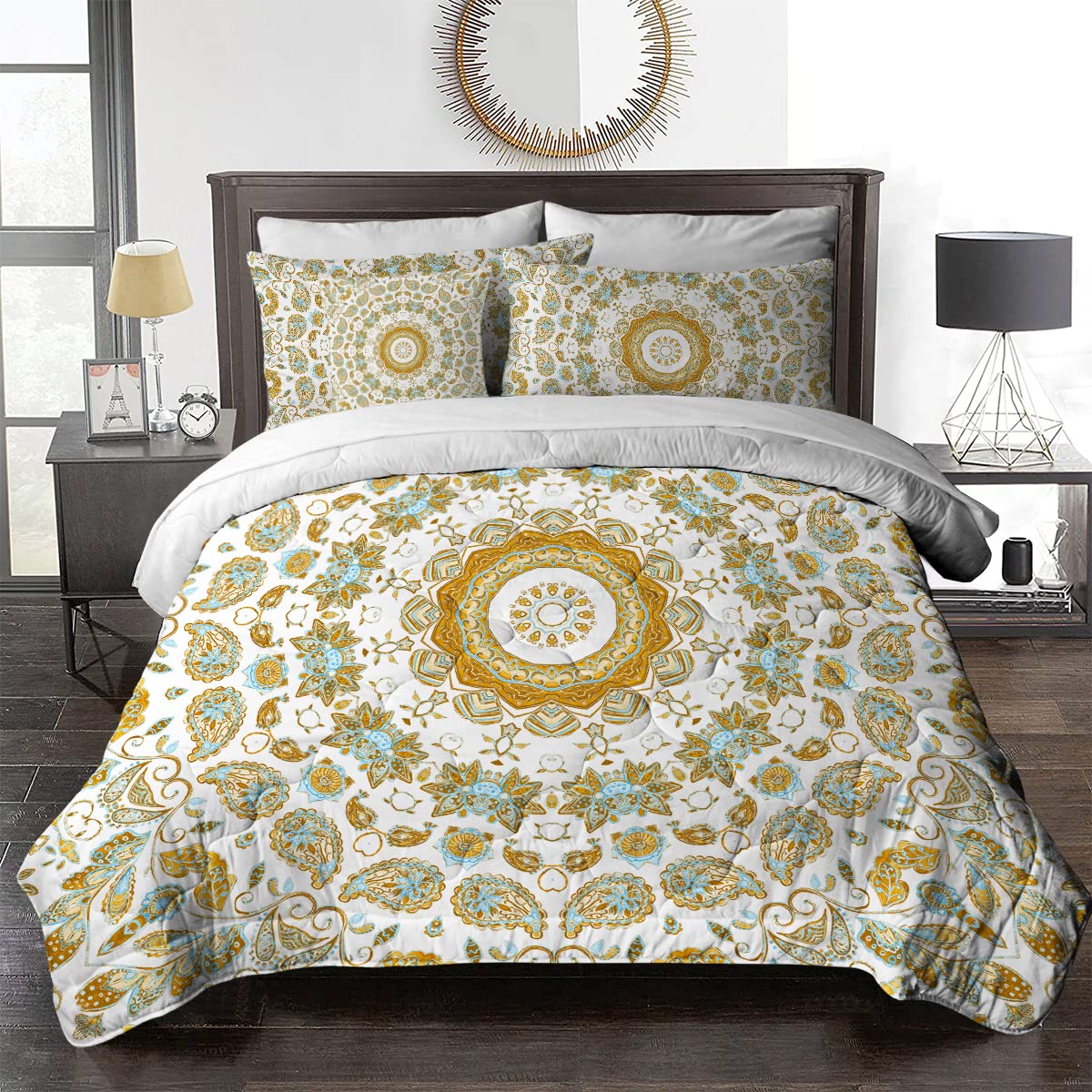 BlessLiving Yellow Mandala Comforter Set - 8 Piece Bohemian Flower Bedding Collection with Lightweight Queen Comforter, Sheets, Pillowcases, Shams & Cushion Cover for Cozy Bedroom Decor | Perfect for Guest Rooms, Dorms & Boho Chic Home Styling