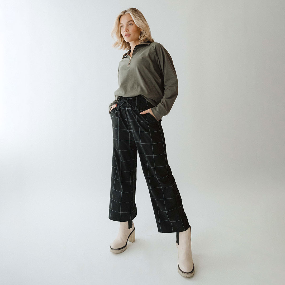Audrey Wide Leg Pants for Women - Black Windowpane Check Pattern High Waist Trousers | Office Work, Business Casual & Evening Outfits