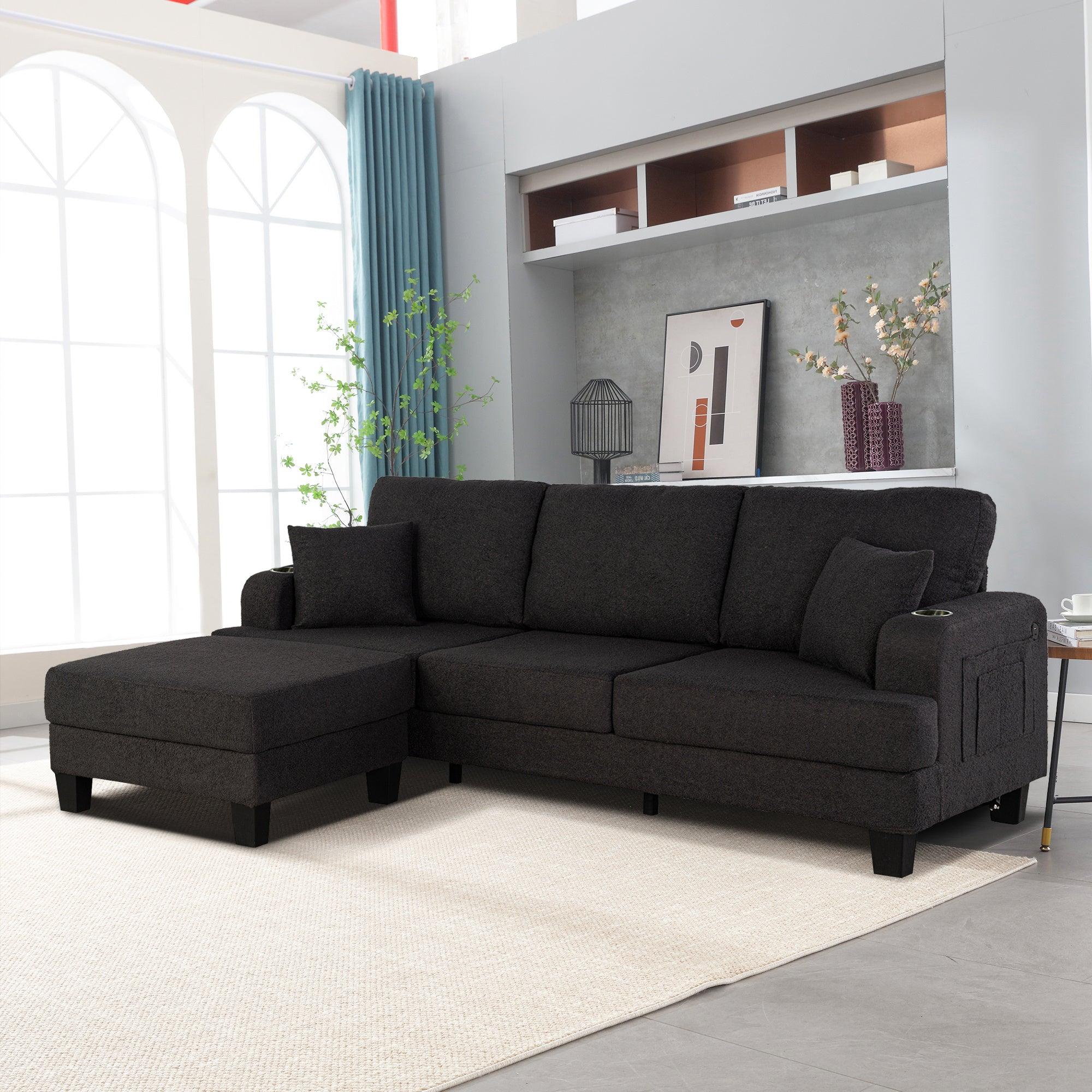Dark Gray 3-Piece Sofa Set with Storage Ottoman & USB Charging - Modern Living Room Furniture for Small Spaces, Perfect for Apartments, Dorms and Cozy Homes
