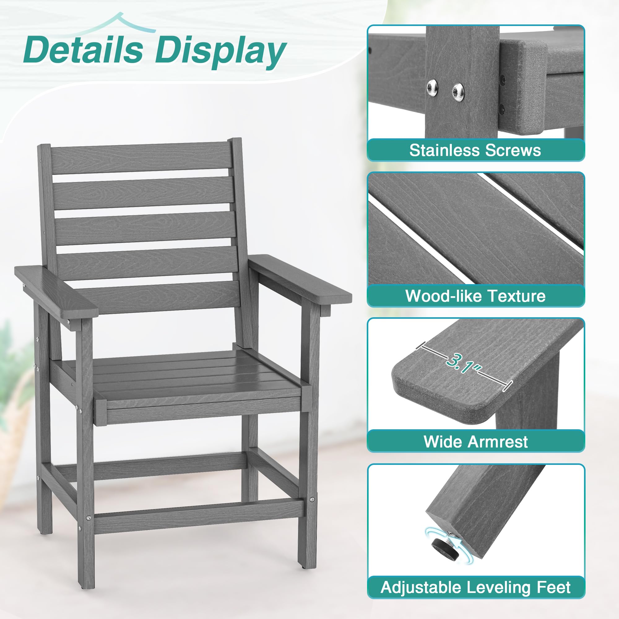 2-Pack HDPE Weather-Resistant Outdoor Dining Chairs with Armrests - Heavy Duty Patio Chairs for Backyard, Deck, Porch & Balcony - 18