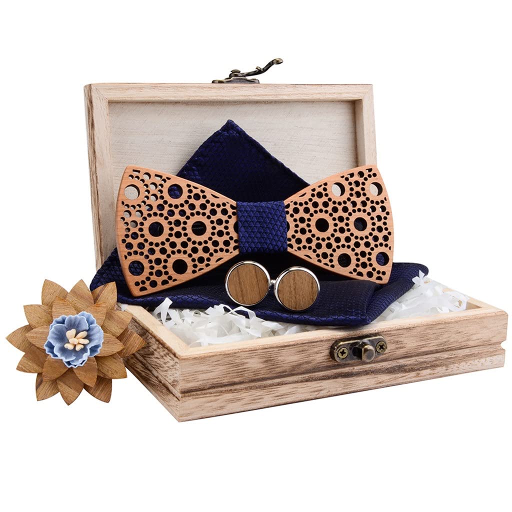 Premium Sakuragi Dot Wooden Bow Tie & Silk Pocket Square Set - Elegant Cufflinks & Brooch for Men - Wedding, Formal Suit & Shirt Accessories - Perfect Gift Boxed (12cm x 5.5cm) - Ideal for Weddings, Business Meetings & Special Occasions