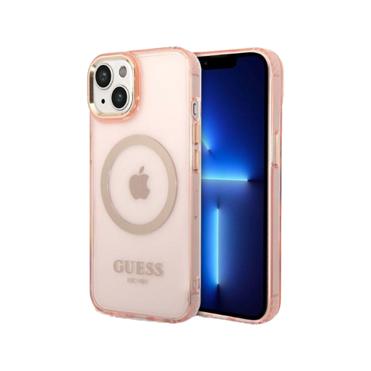GUESS Ring Edition Shockproof Phone Case for iPhone 14 - Slim Protective Cover with Grip Ring Stand (Pink/Gold) - Perfect for Work, Travel & Everyday Use