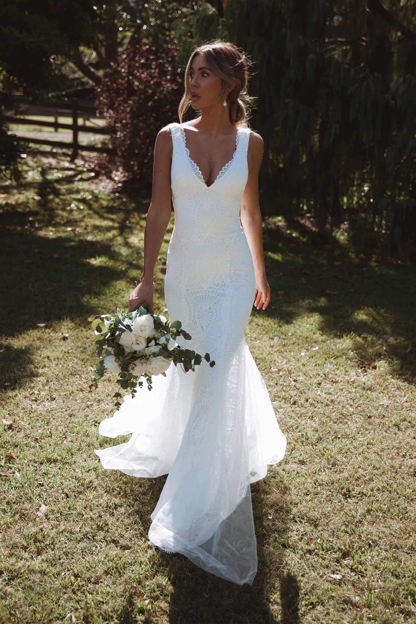 SYYS 2025 Elegant Lace Mermaid Wedding Dress for Bride - Long A-Line Bridal Gown with Cathedral Train | Perfect for Beach, Church, and Ballroom Weddings