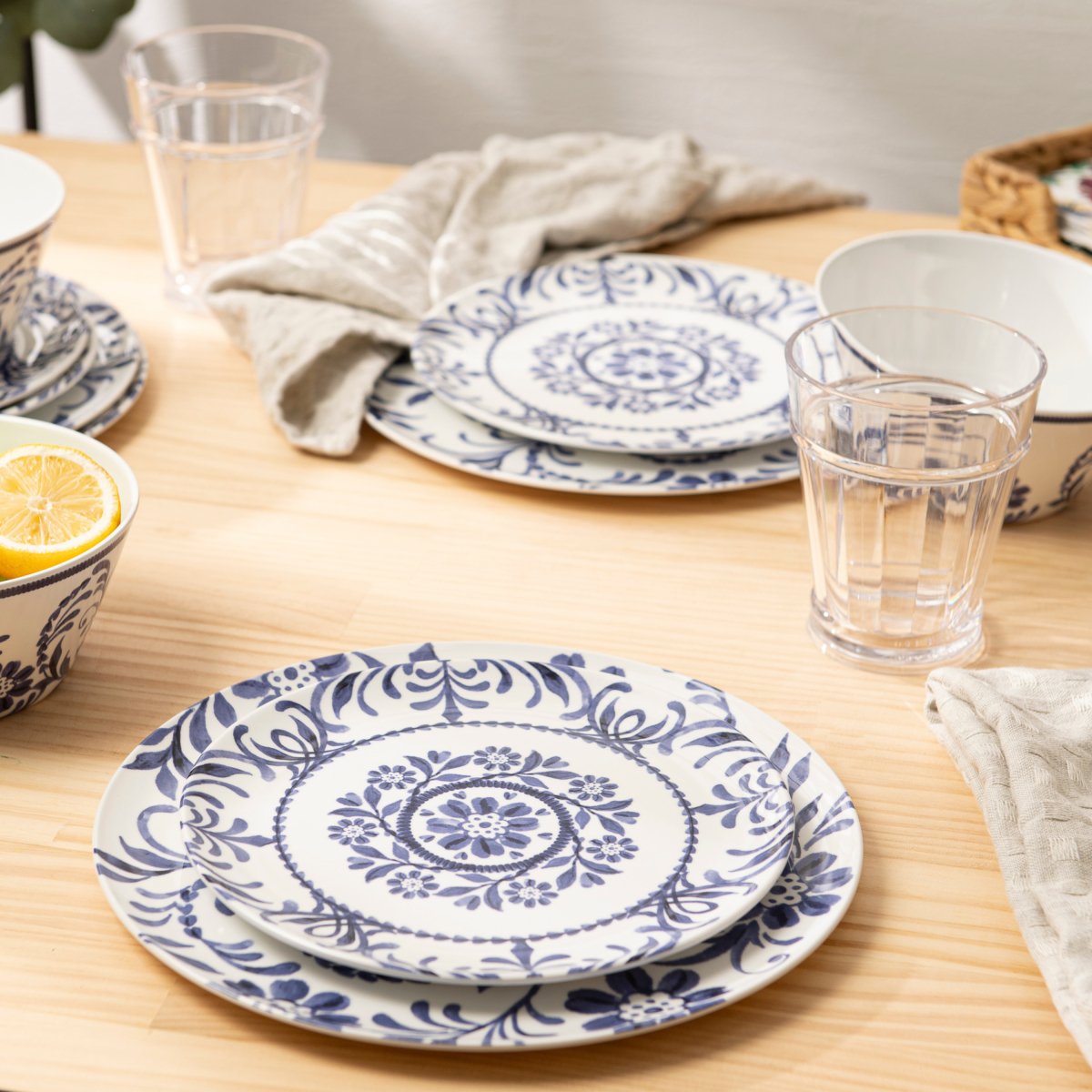 12-Piece Outdoor Dinnerware Set - Indigo Floral Design for Picnics, BBQs, and Garden Parties