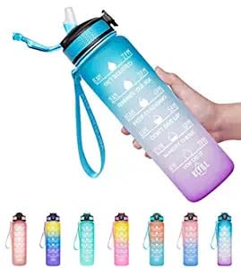 32oz BPA-Free Leakproof Water Bottle with Time Marker & Straw - Ombre Green & Purple - Stay Hydrated All Day for Gym, Hiking, Office & Travel (Pack of 1)