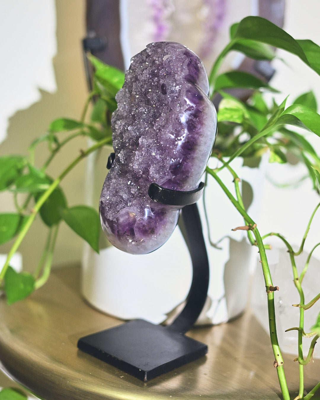 Natural Amethyst Crystal Geode on Wooden Stand - 3.7lbs Healing Stone for Home Decor, Meditation & Spiritual Gifts