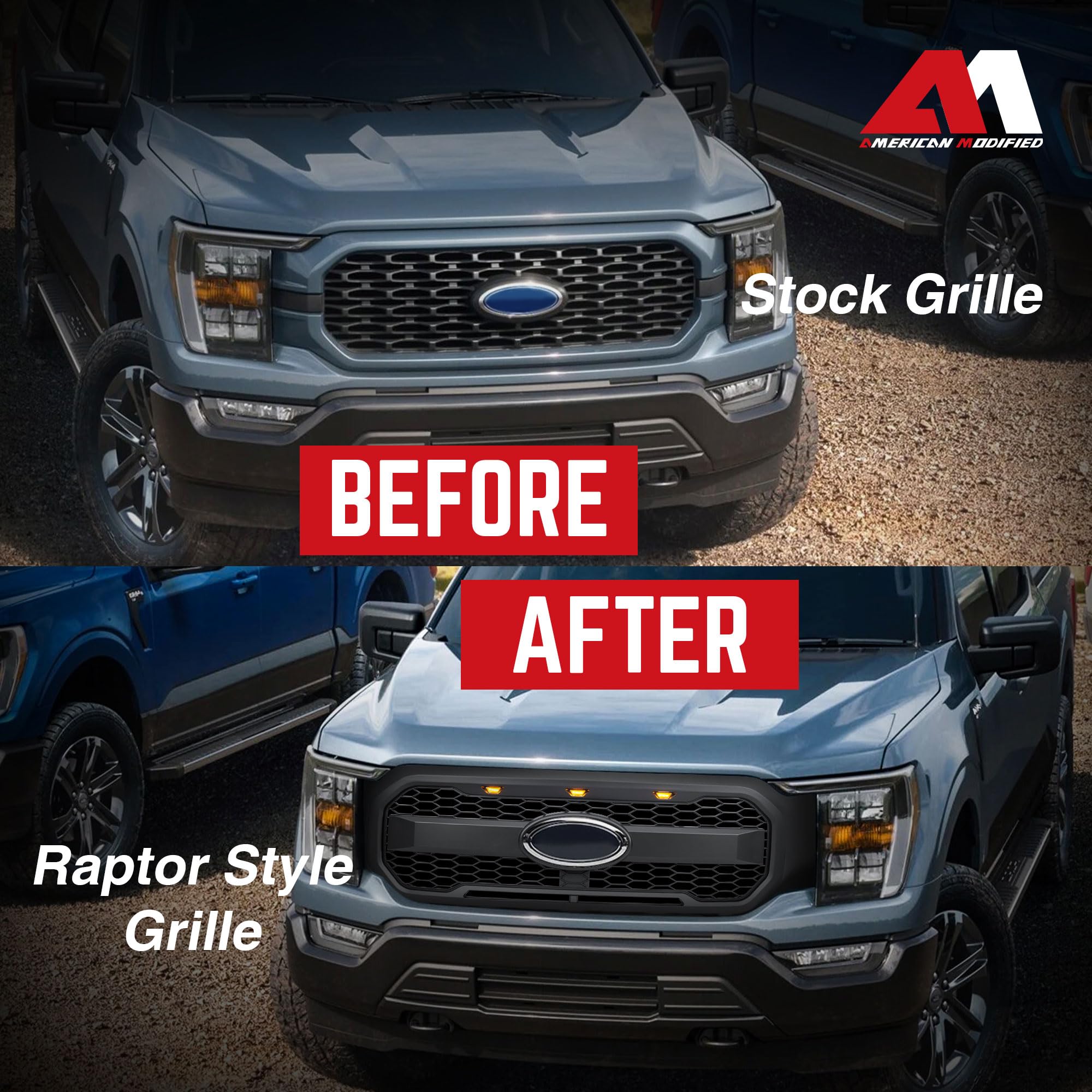 Raptor Style Mesh Grill with Amber LED Lights & Emblem Base for 2021-2023 Ford F150 | Matte Black Front Bumper Grille | Off-Road & Street Customization Upgrade