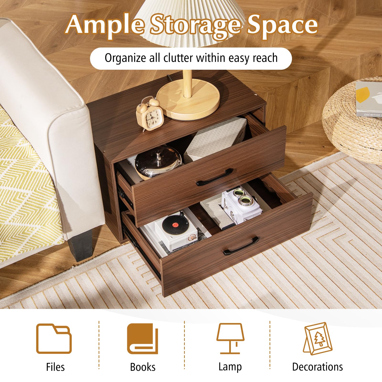 Giantex 2-Drawer Stackable Storage Cube Organizer with Handles - Horizontal Dresser Tower for Bedroom, Living Room, Office & Closet - Brown Wooden Storage Furniture for Home Organization & Space Saving