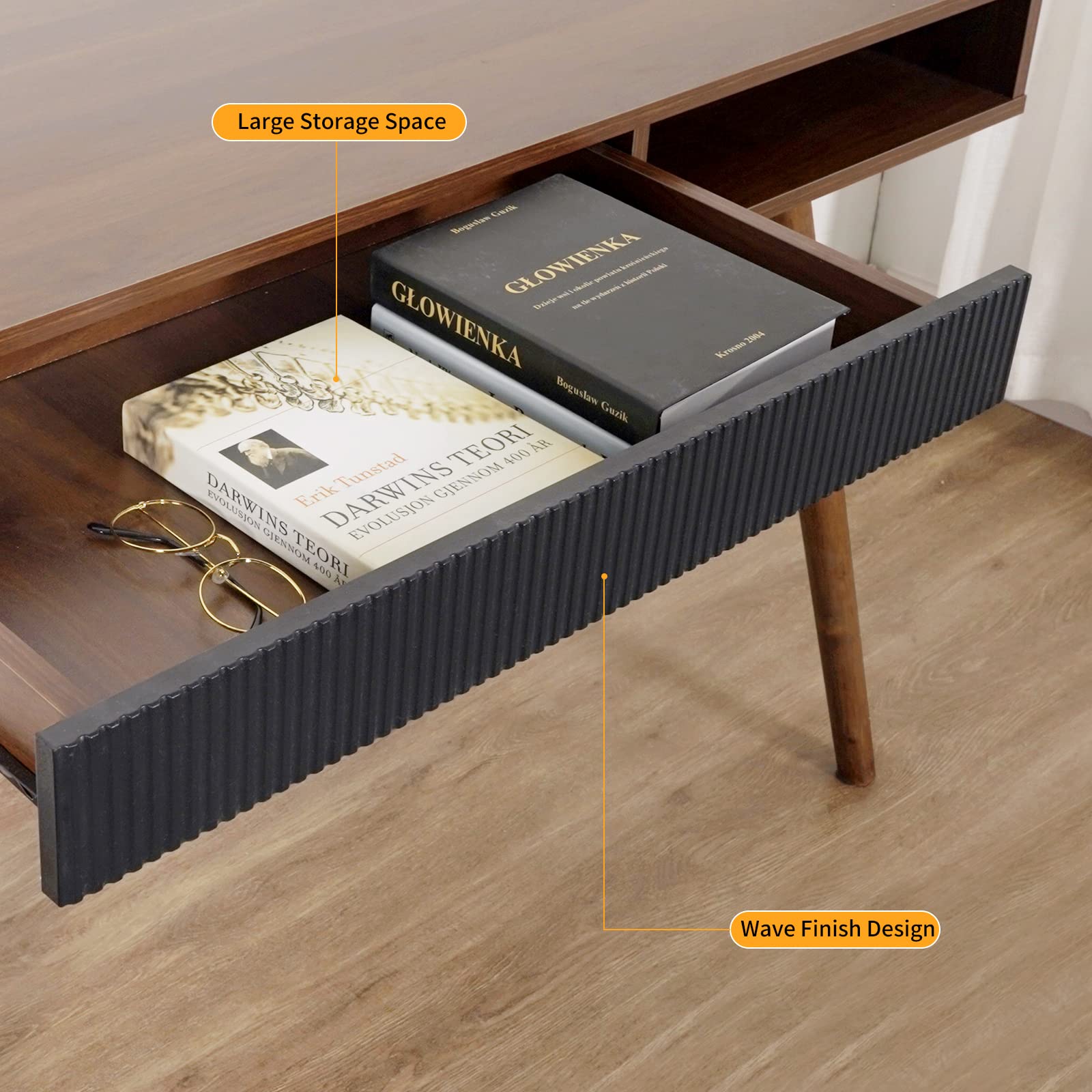Mid Century Modern Writing Desk with Drawer - Walnut Home Office Desk, Simple & Stylish Workspace Solution for Small Spaces & Home Offices