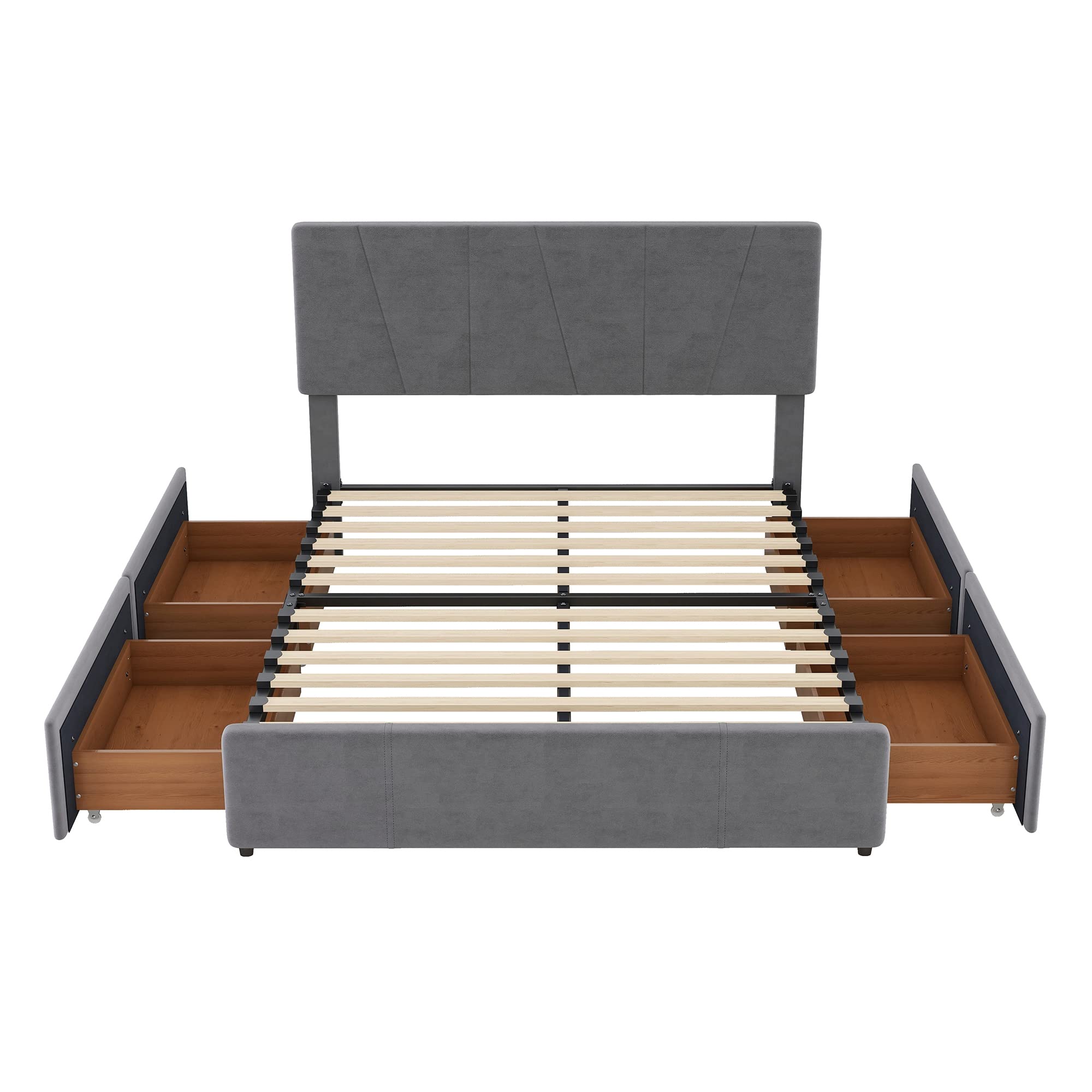 JULYFOX Full Size Velvet Upholstered Bed Frame with Tufted Headboard & 4 Storage Drawers - Heavy Duty 500 lbs Capacity, No Box Spring Needed (Gray) - Perfect for Small Bedrooms, Guest Rooms & Modern Apartments