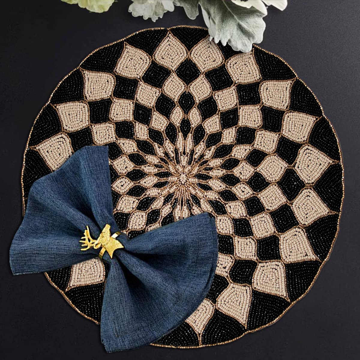 Decozen Round Placemats Set of 4 - 14 Inch Beaded Charger Plates for Dining Table Decor | Heat Resistant Table Mats for Wedding, Mother's Day, Kitchen, Office & Home Decor | Elegant Black & Beige Place Settings for Formal Dinners & Everyday Use