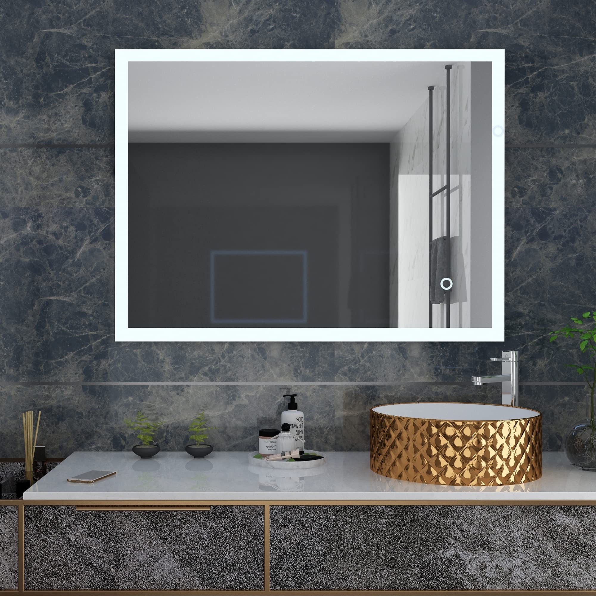 PORLAE 32x24 Inch LED Bathroom Mirror with Anti-Fog & Dimmable Lights - Wall Mounted Vanity Mirror for Makeup, Shaving, and Home Decor