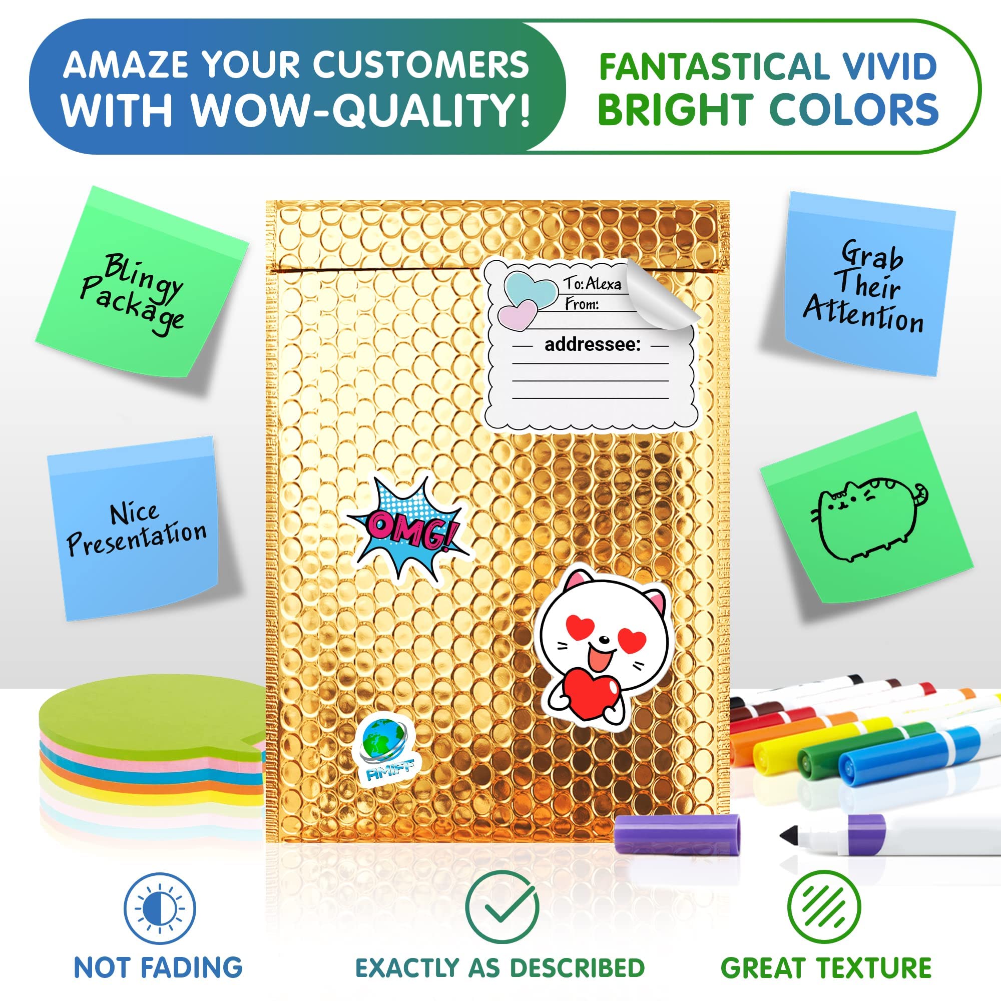 AMZ 100-Pack Metallic Gold Bubble Mailers 9.5x13.5 Inch - Self Seal Padded Shipping Envelopes, Waterproof Metalized Foil Mailing Bags for Ecommerce, Jewelry, Small Business Packaging & Gift Wrapping