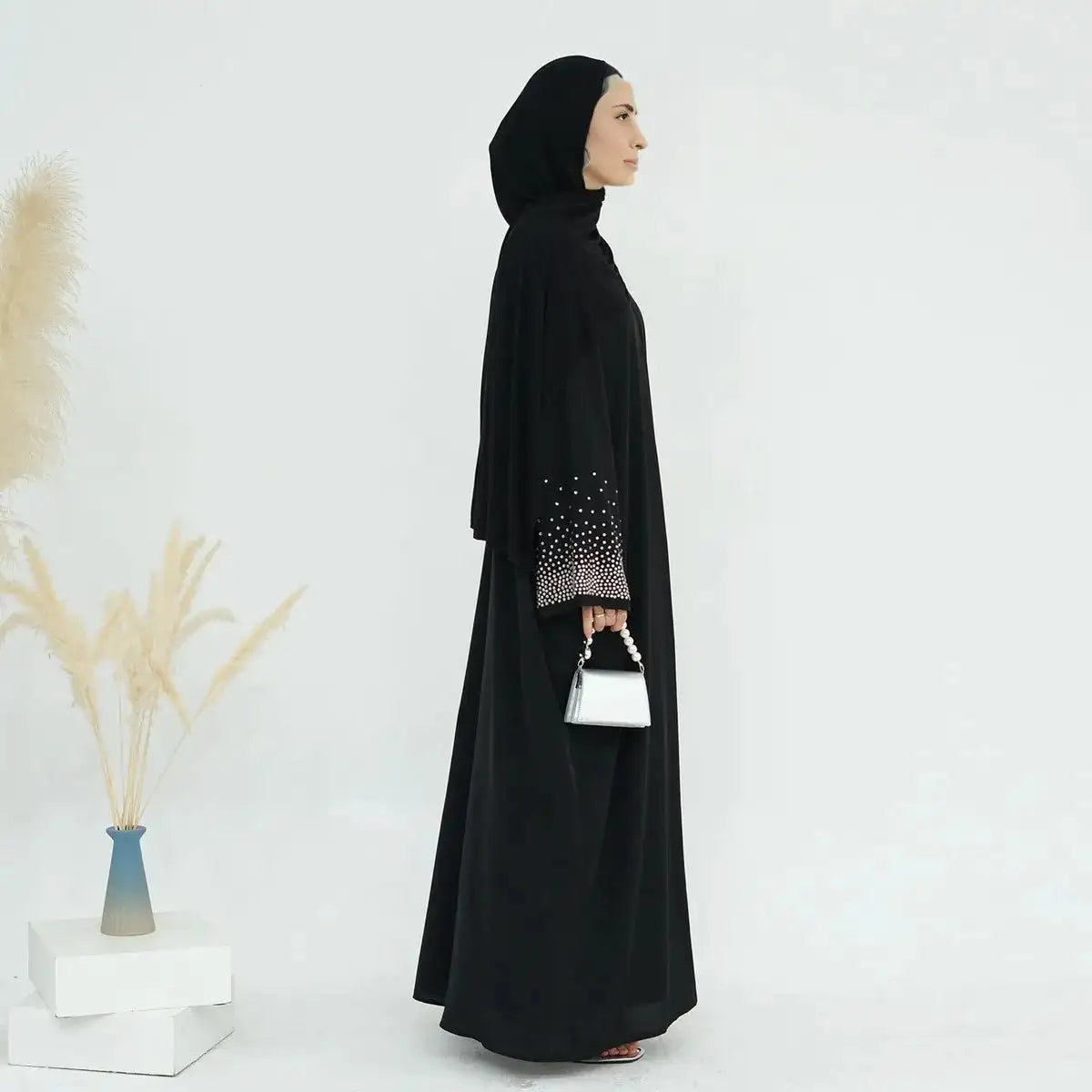 Hotfix Rhinestone Sleeve Nida Cardigan Open Abaya Dress for Women - Elegant Embellished Long Cover Up for Parties, Weddings & Special Occasions
