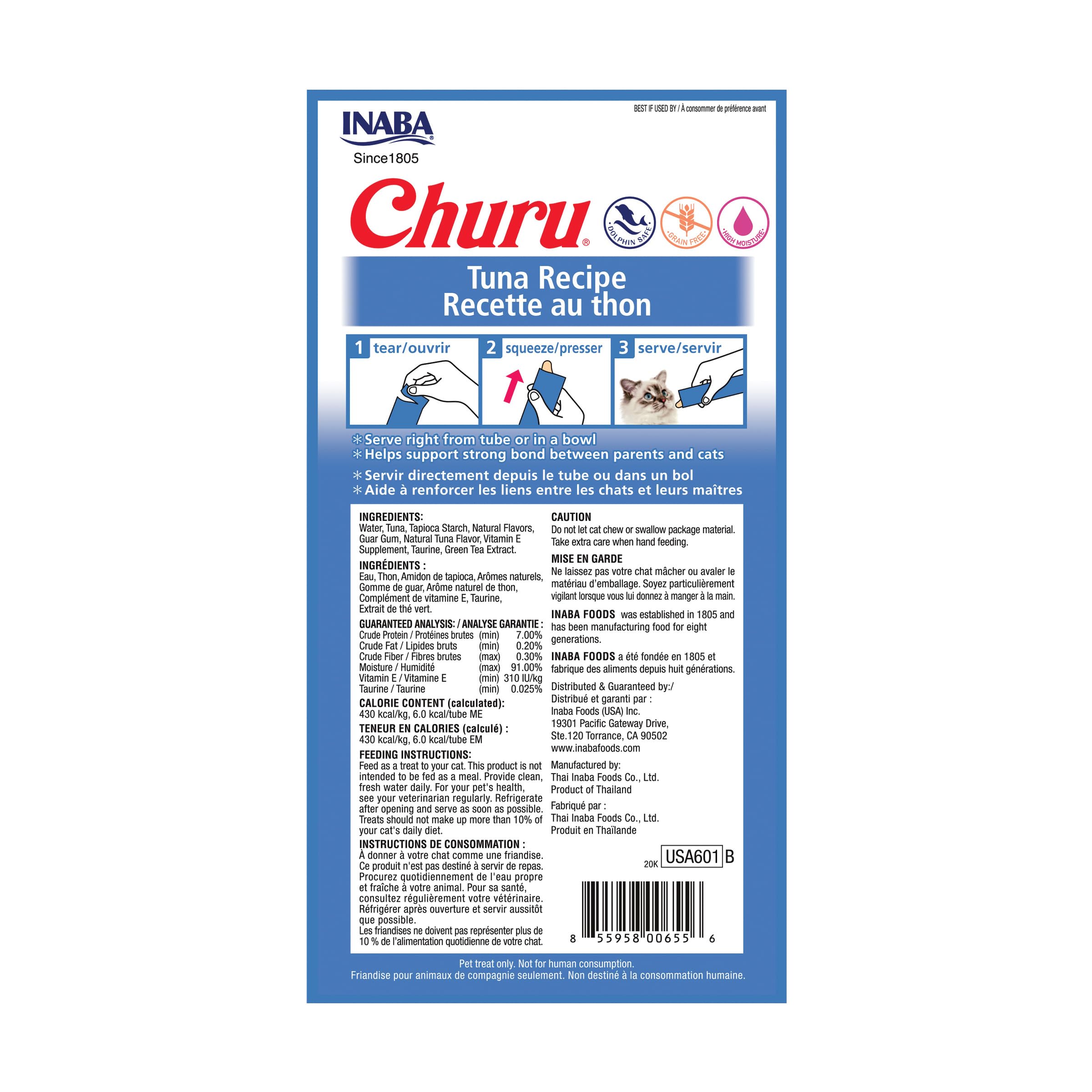 INABA Churu Lickable Purée Natural Cat Treats - Tuna Flavor (4 Tubes) | Grain-Free Wet Cat Snacks for Hydration & Training | Perfect for Picky Eaters & Senior Cats