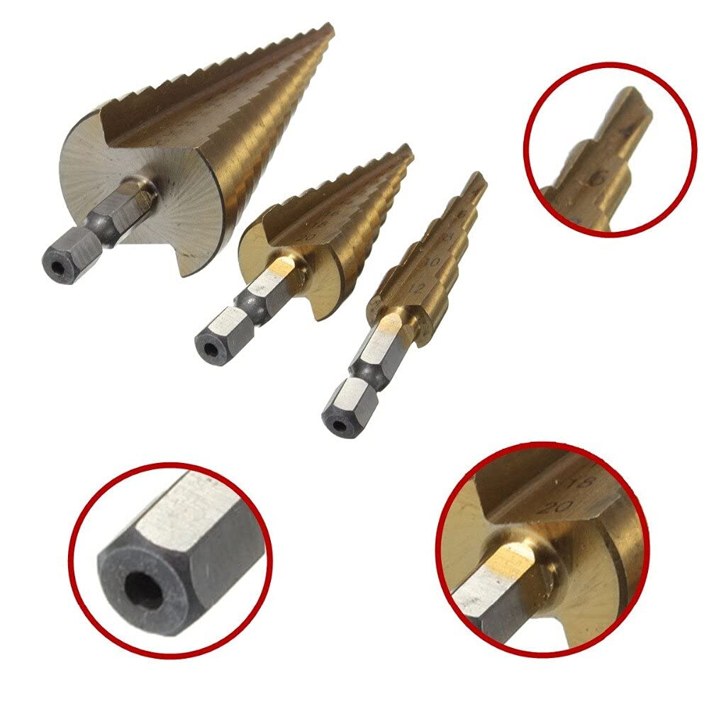 3 Pcs HSS Step Drill Bit Set (4-12mm/4-20mm/4-32mm) - Titanium Coated Tapered Hex Shank for Metal, Wood & Plastic - Perfect for DIY Projects, Home Repairs & Professional Use