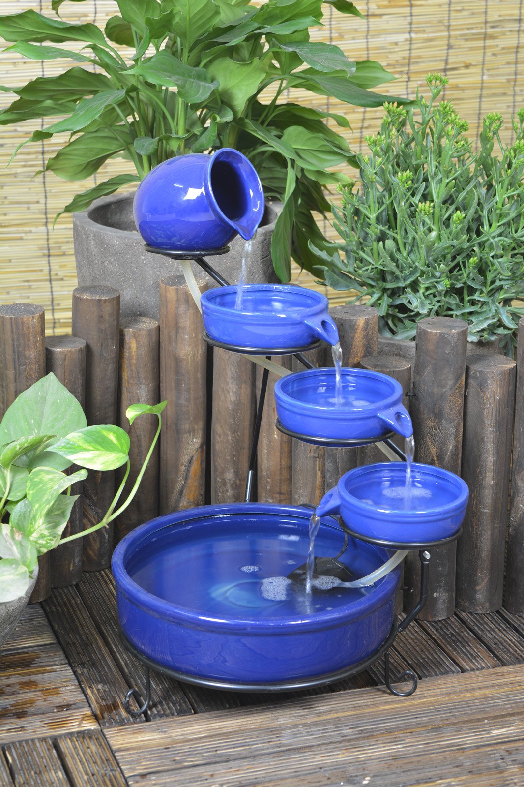 5-Tier Solar Water Fountain with Ceramic Bowls & Iron Frame - Cascading Garden Decor for Birds, Outdoor Patio, Yard - Includes Solar Panel Pump (Blue)