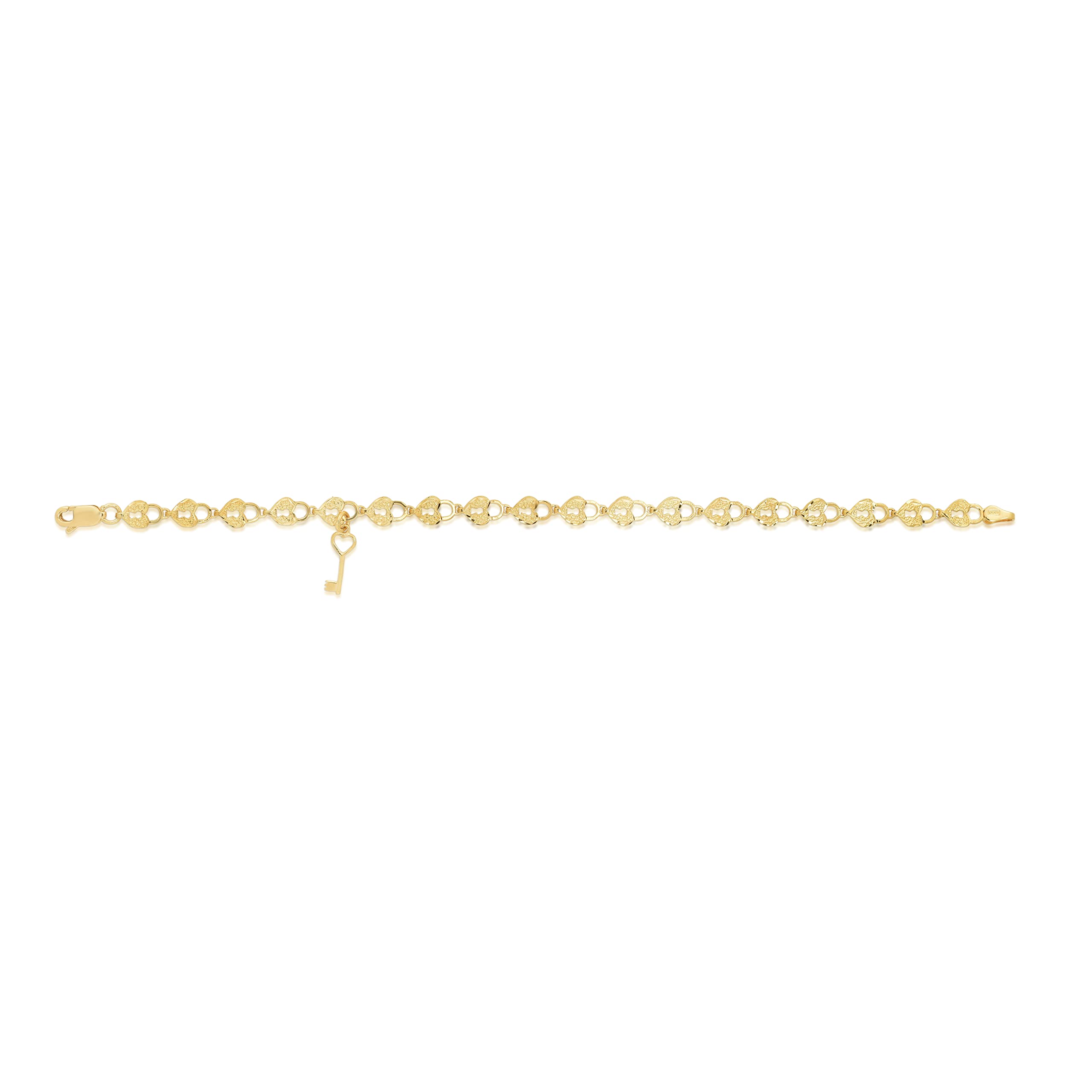 10k Yellow Gold Heart Lock & Key Charm Bracelet for Women - Textured Finish, Dainty Link Chain, Gift for Her - Perfect for Valentine's Day, Anniversary & Romantic Occasions