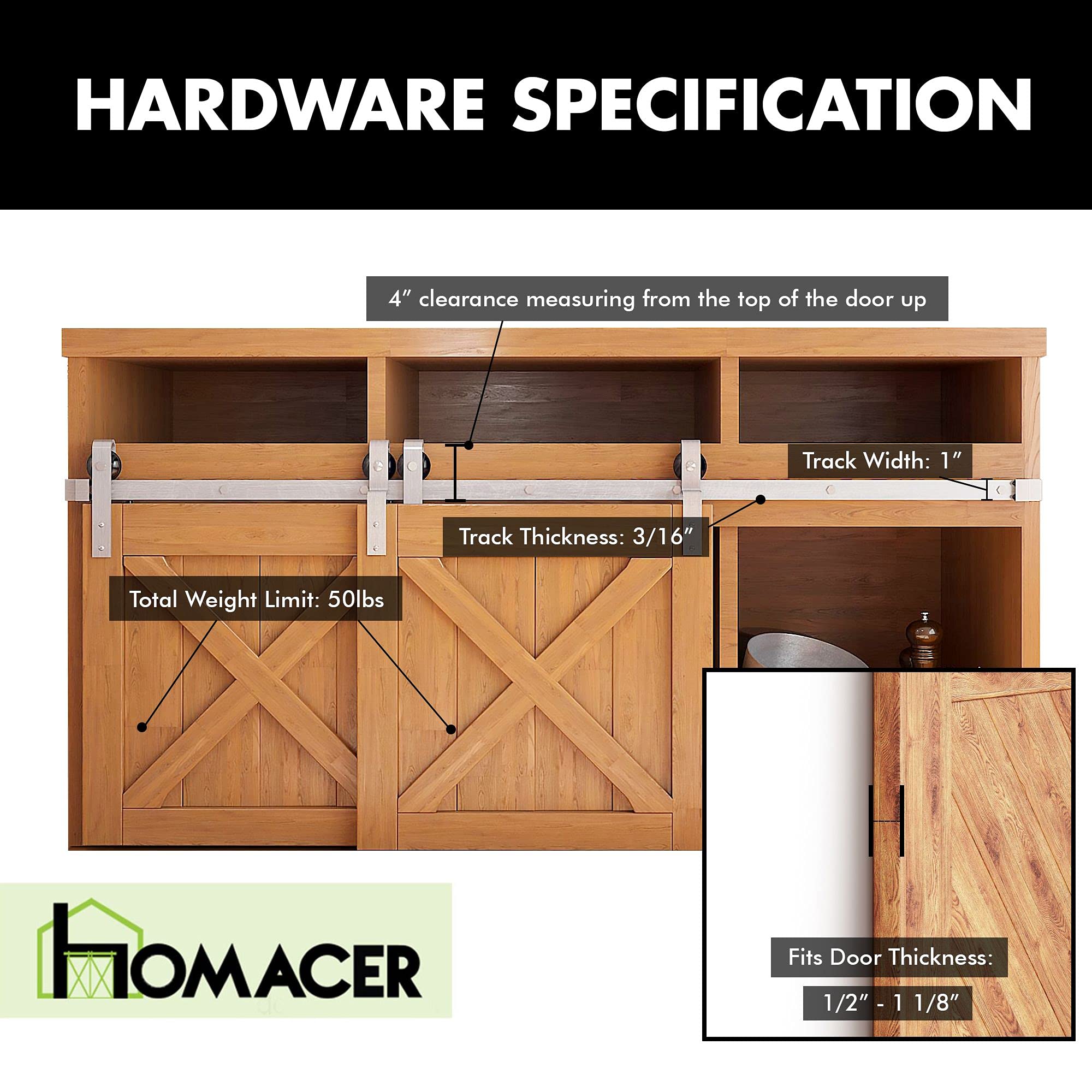 Homacer Mini Brushed Nickel Single Track Bypass Sliding Barn Door Hardware Kit - 102-inch Long Flat Track for 3 Doors with Straight Design Rollers | Perfect for Cabinet, TV Stand, Console, and Room Divider Installation