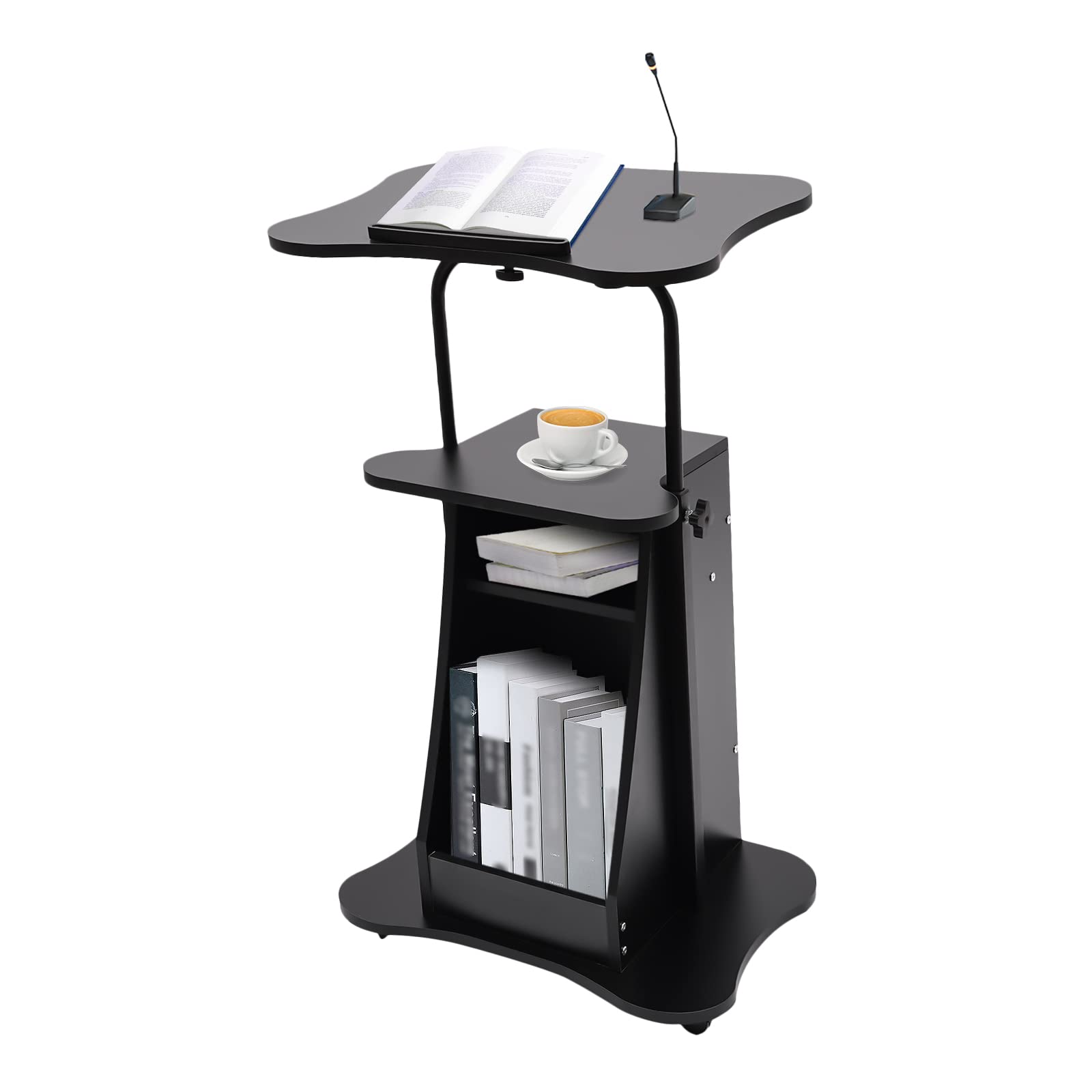 Adjustable Mobile Laptop Podium Stand with Wheels & Storage - Portable Height-Adjustable Lectern for Standing Desk, Sit-to-Stand Workstation - Perfect for Office Presentations, Classroom Teaching & Home Workspace (Black)