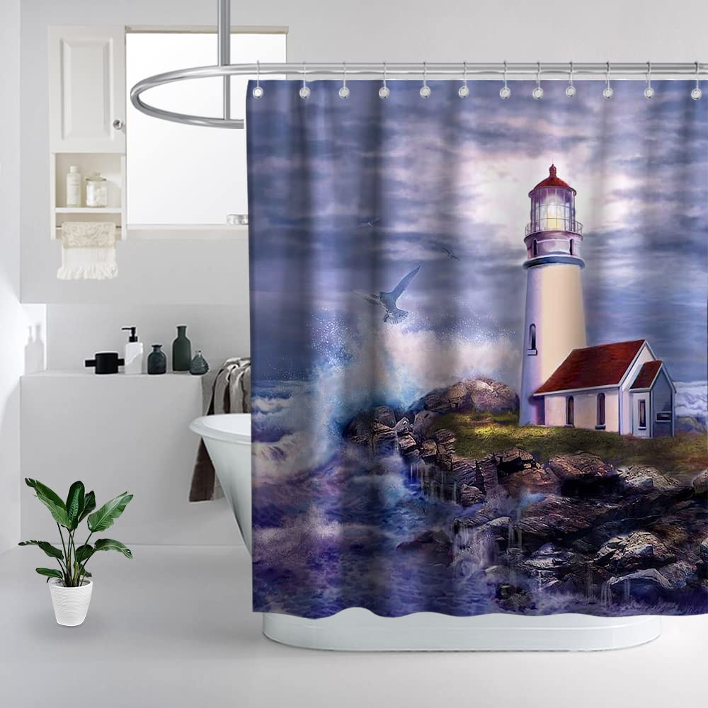 Nautical Shower Curtain - Blue Ocean Waves with Lighthouse Design, Waterproof Fabric Bathroom Decor Set with Hooks, Washable & Durable | Perfect for Beach Theme Bathrooms, Coastal Home Decor, and Nautical Inspired Interiors