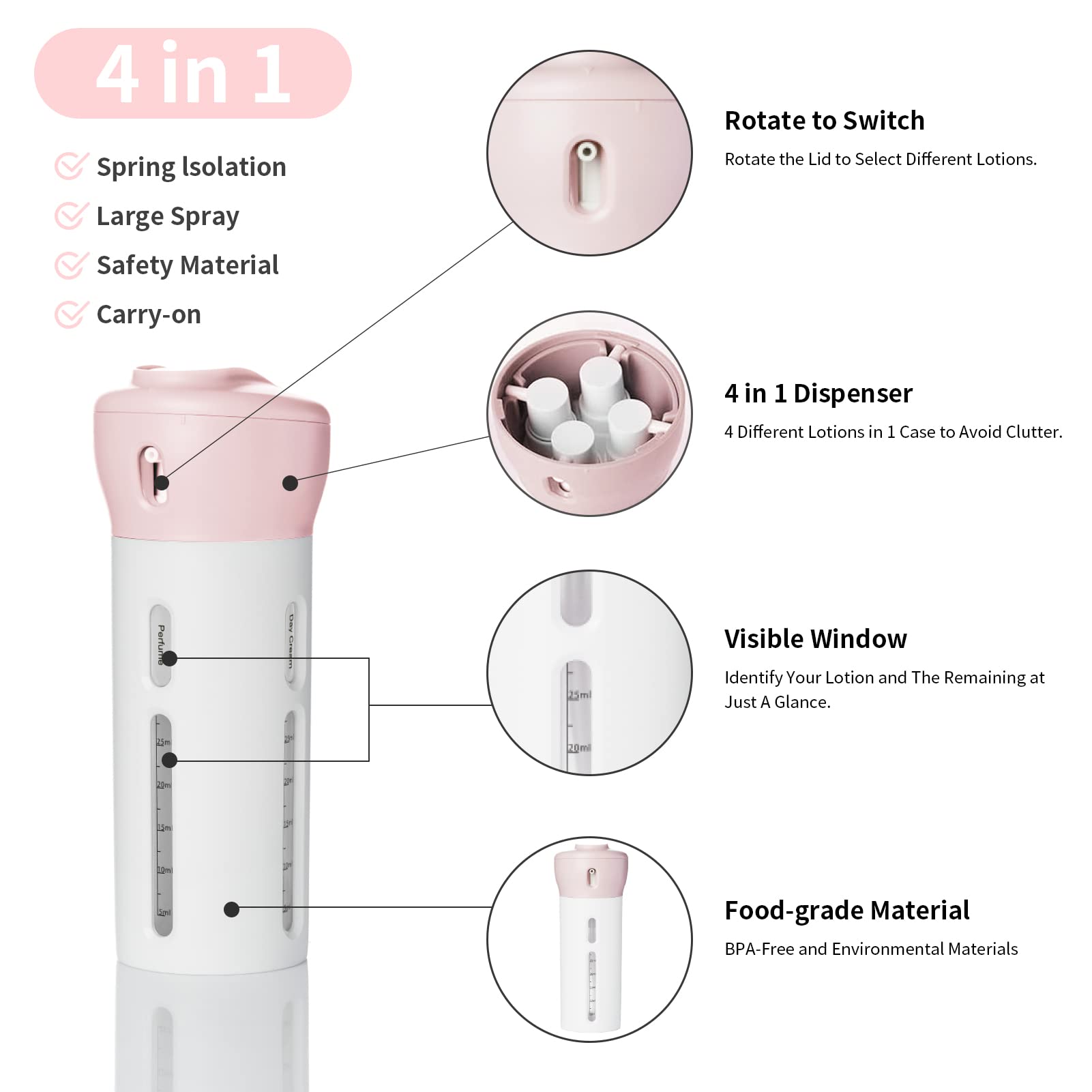 2 Pack 4 in 1 Travel Dispenser Bottles - Leak Proof TSA Approved Containers for Toiletries, Shampoo, Conditioner & Lotion - Perfect for Airplane Carry-on & Camping Trips (Pink & Gray)