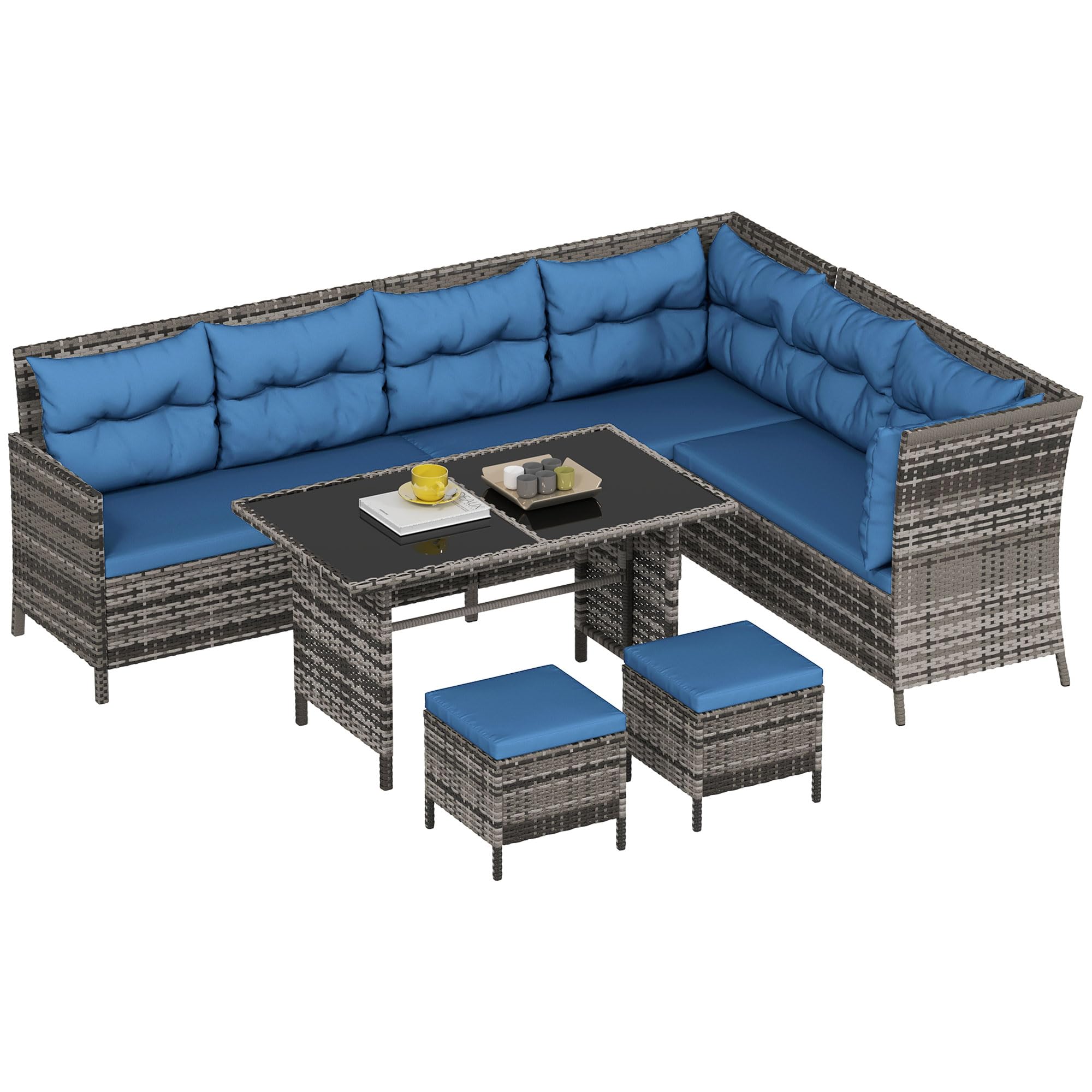 Outsunny 6-Piece Patio Dining Set - Wicker Outdoor Furniture with Cushions, Dining Table & Ottomans - Blue Rattan Garden Sofa Set for Backyard, Poolside & Outdoor Relaxation
