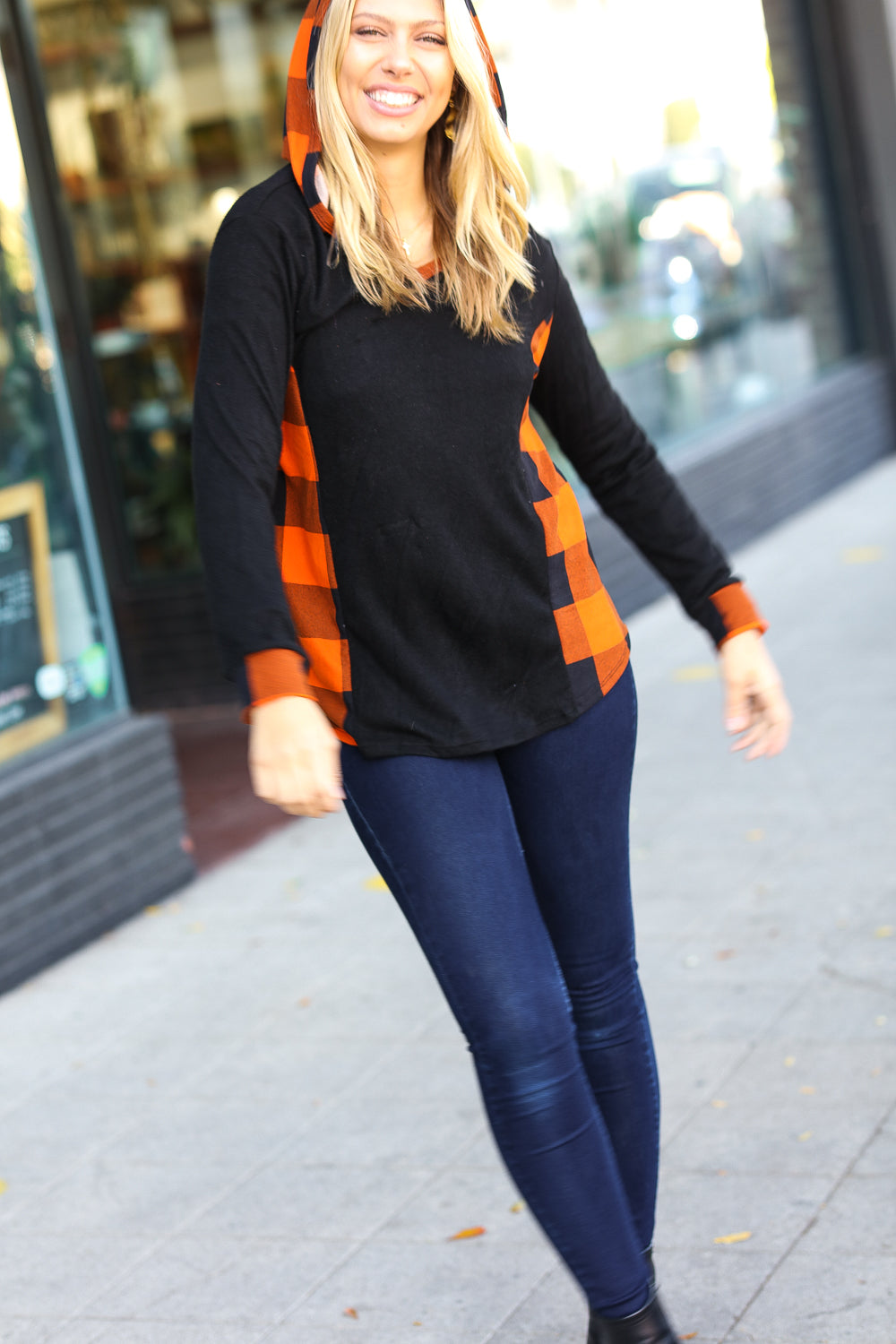 Black & Rust Plaid Hacci Knit Hoodie for Women - Cozy Fall Winter Pullover Sweatshirt - Casual Streetwear Outfit for Daily Wear, Travel & Outdoor Activities