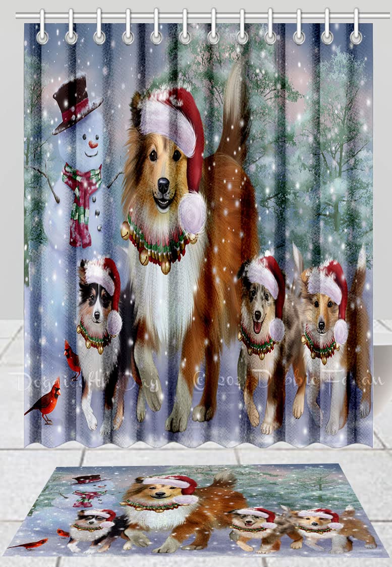 Christmas Shetland Sheepdog Shower Curtain & Bath Mat Set - Anti-Slip Polyester Bathroom Decor with Hooks (20