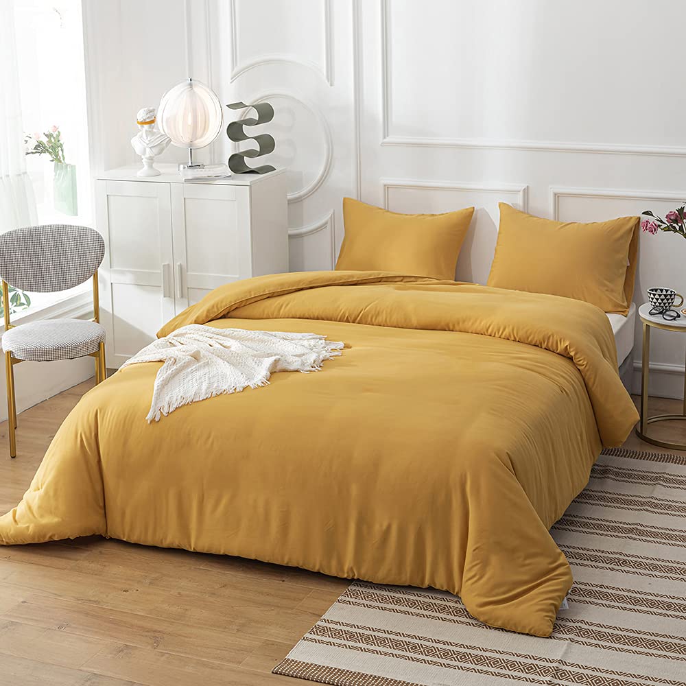 CLOTHKNOW Mustard Yellow King Size Comforter Set - 3 Piece Dark Yellow Bedding Set with 2 Pillowcases | Cozy Turmeric Duvet Cover for Master Bedroom, Guest Room & Dorm