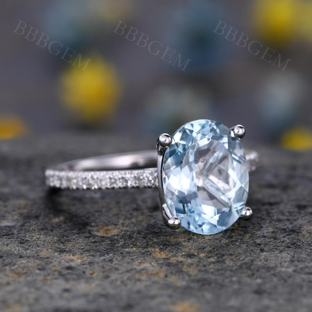 14K White Gold Oval Cut Aquamarine Solitaire Ring with Half Eternity Diamond Accents - Perfect for Engagement, Anniversary & Special Occasion Gifts