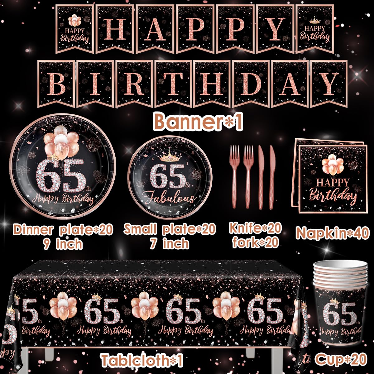 142Pcs Rose Gold 65th Birthday Party Tableware Set - Disposable Tablecloth, Plates, Napkins, Cups, Forks & Knives - Elegant Women's 65th Birthday Decorations - Perfect for Milestone Celebrations, Retirement Parties & Special Occasions