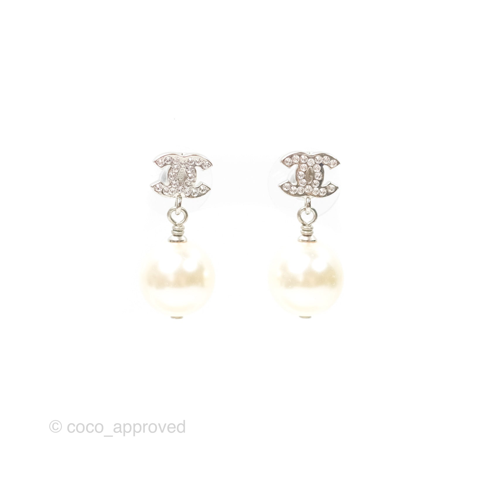 Chanel CC Rhinestone Pearl Drop Earrings Silver Tone - Luxury Fashion Jewelry for Women, Perfect for Parties, Weddings & Special Occasions