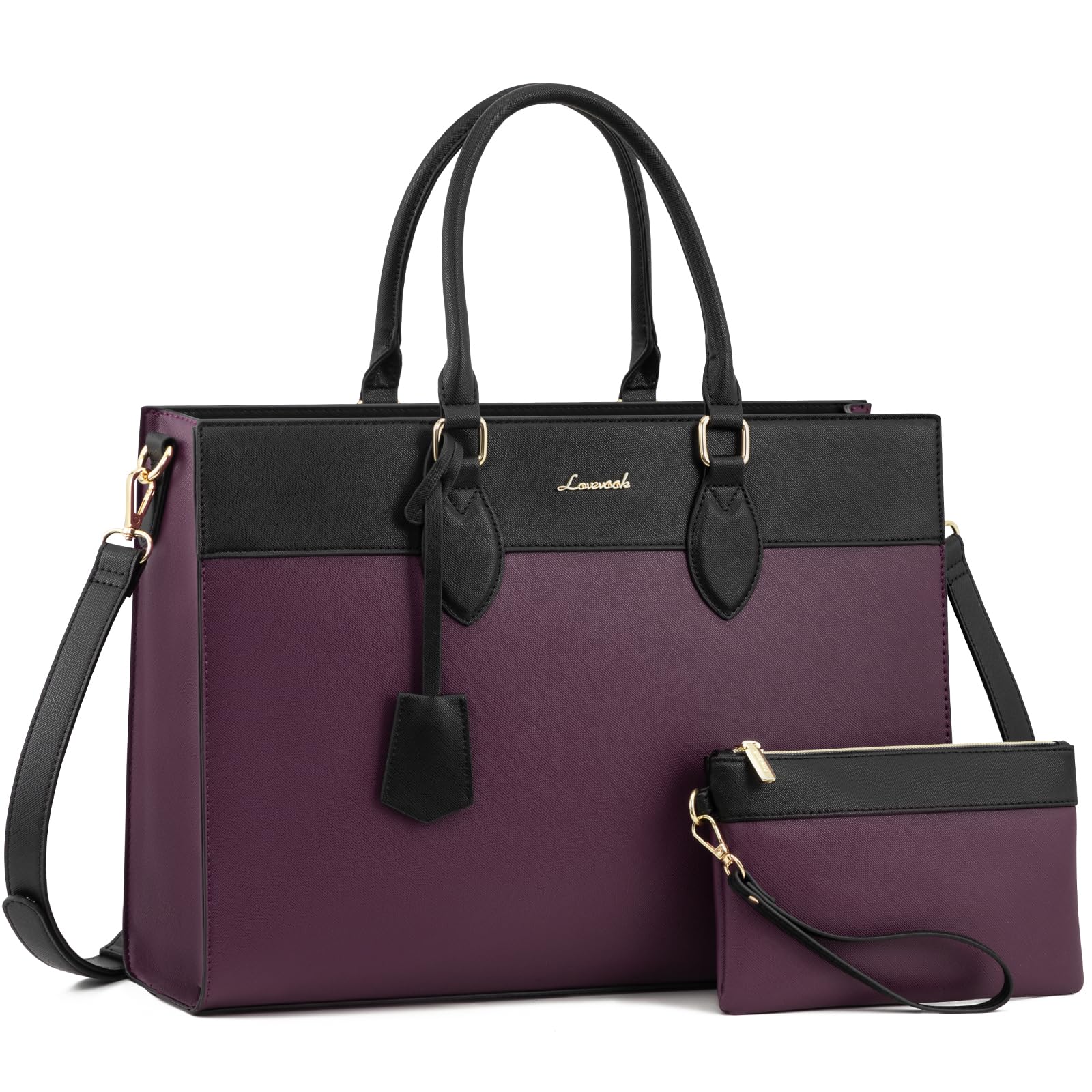LOVEVOOK 15.6 Inch Waterproof Leather Laptop Bag for Women - Stylish Work Tote Purse & Professional Office Briefcase (Purple-Black) - Perfect for Business Travel, Commuting & Daily Work Essentials