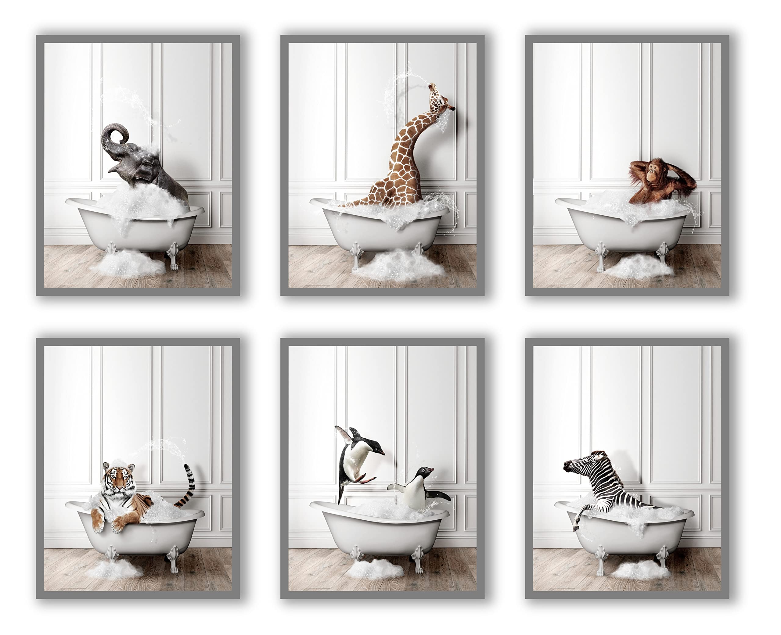 Funny Bathroom Wall Art Prints - Set of 6 Animal Posters (8x10 Inch) for Kids & Home Decor