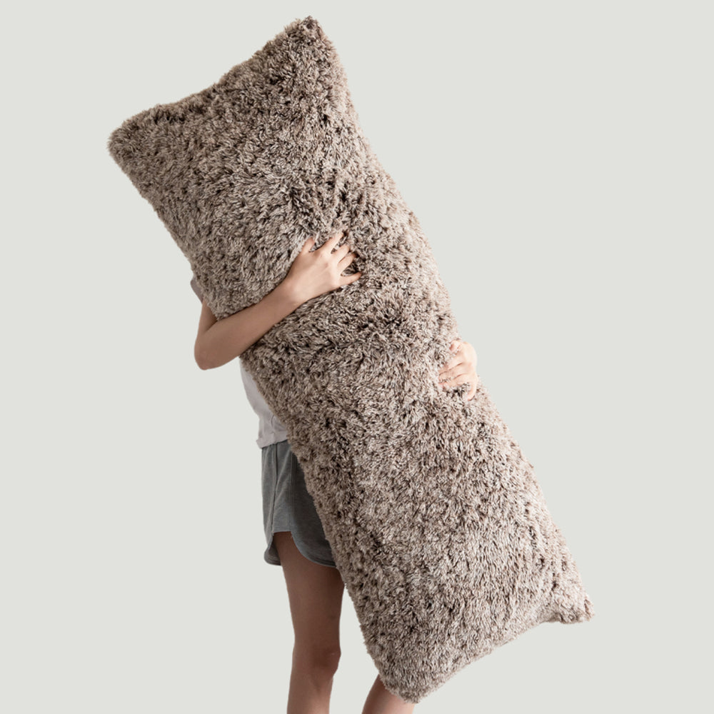 MAXYOYO Ultra Luxury Faux Fur Body Pillow with Memory Foam - 20x54 Inch Coffee Brown - Soft Hugging Pillow for Adults, Washable Cover - Perfect for Sleeping, Lounging & Pregnancy Support