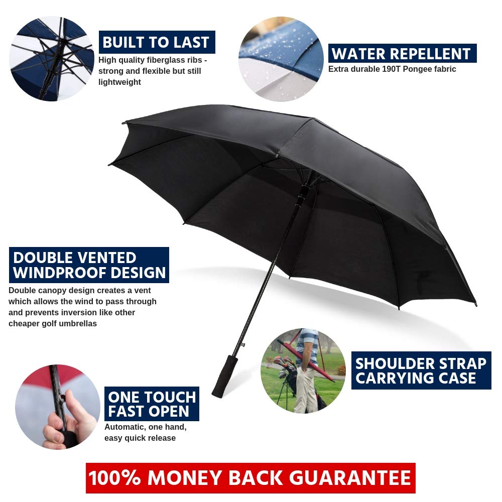 62/68 Inch Automatic Open Golf Umbrella - Extra Large Windproof Waterproof Double Canopy Umbrella with Vented Design for Men & Women - Perfect for Golf, Beach, Outdoor Sports and Heavy Rain Protection