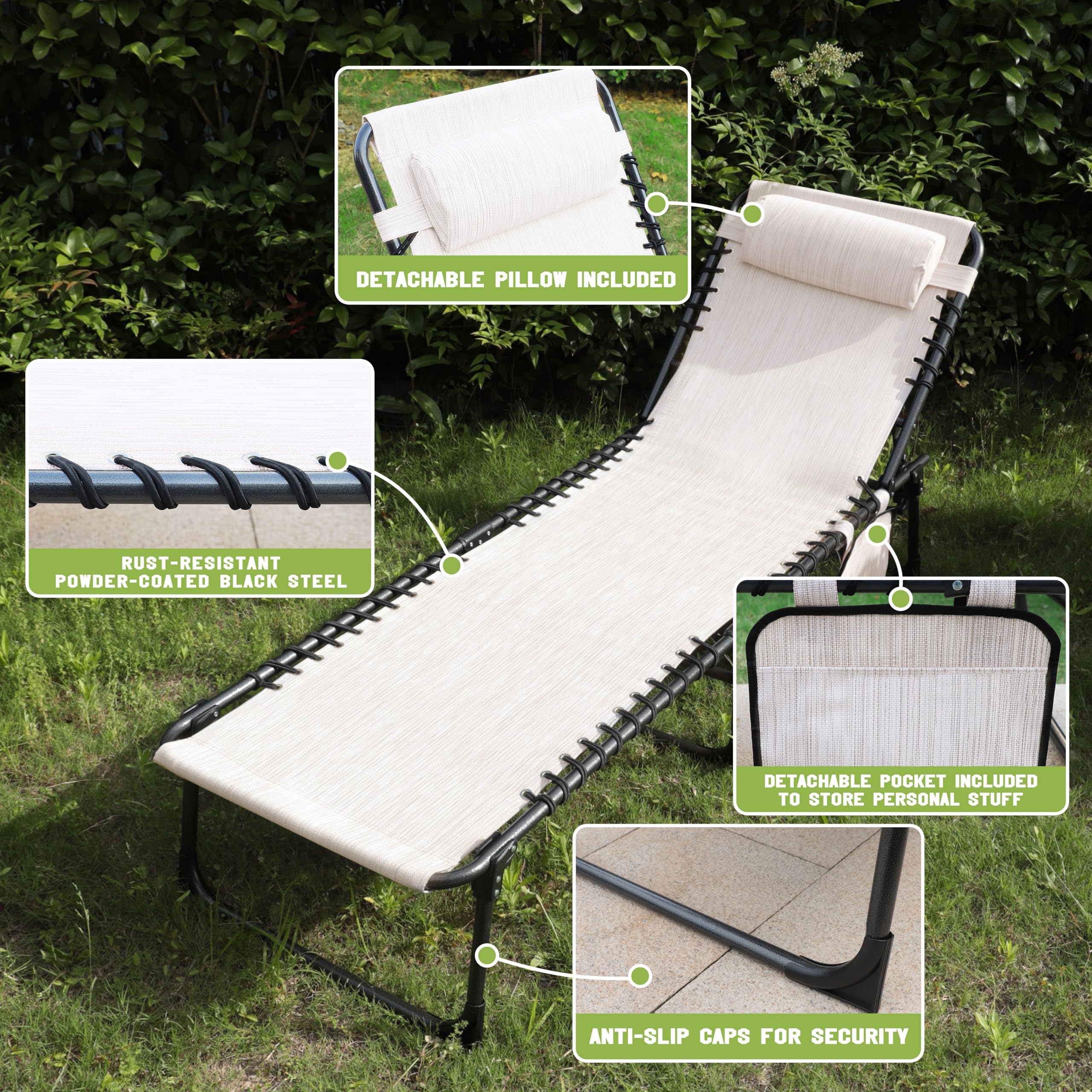 VEIKOU 5-Position Adjustable Chaise Lounge Chair Set of 2, Upgraded Folding Outdoor Sun Loungers for Patio, Poolside, Beach & Backyard - Beige Recliners Perfect for Relaxing, Sunbathing and Outdoor Lounging